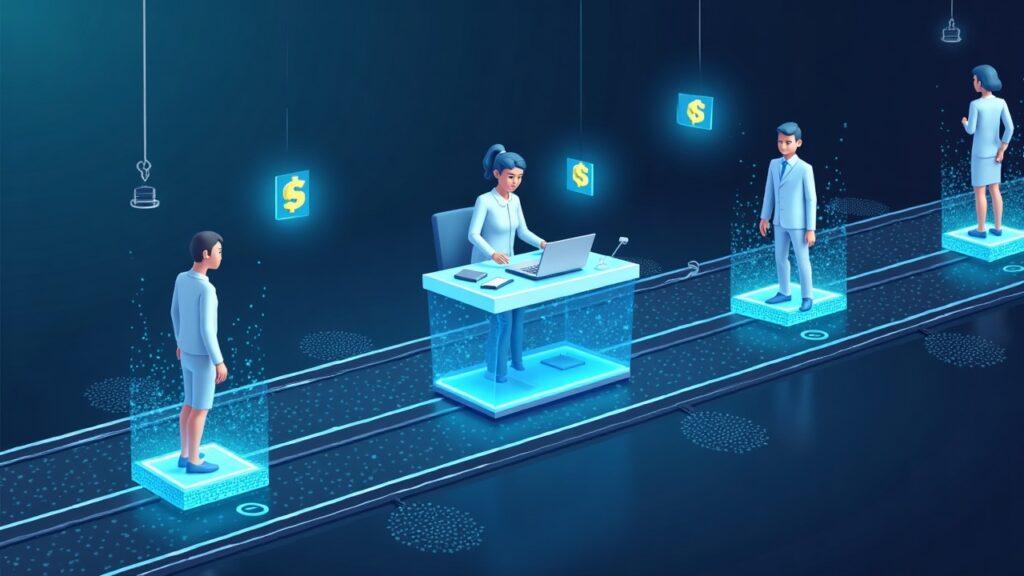 Realistic broker desk with AI agent avatars and floating token icons on a transparent rails network.