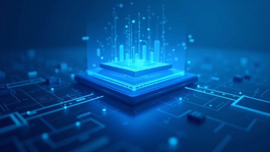 Semi-realistic layered blockchain grid illustrating programmable finance and value flows in a calm blue palette.