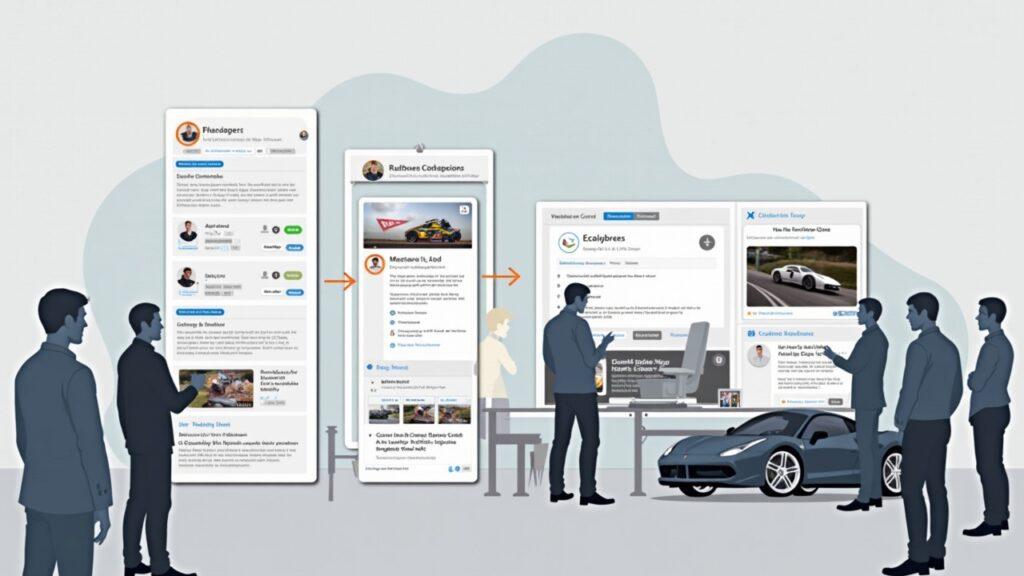 Semi-realistic illustration of ASI:One digital concierge guiding attendees at Goodwood with interconnected caption, image and video workflow modules.