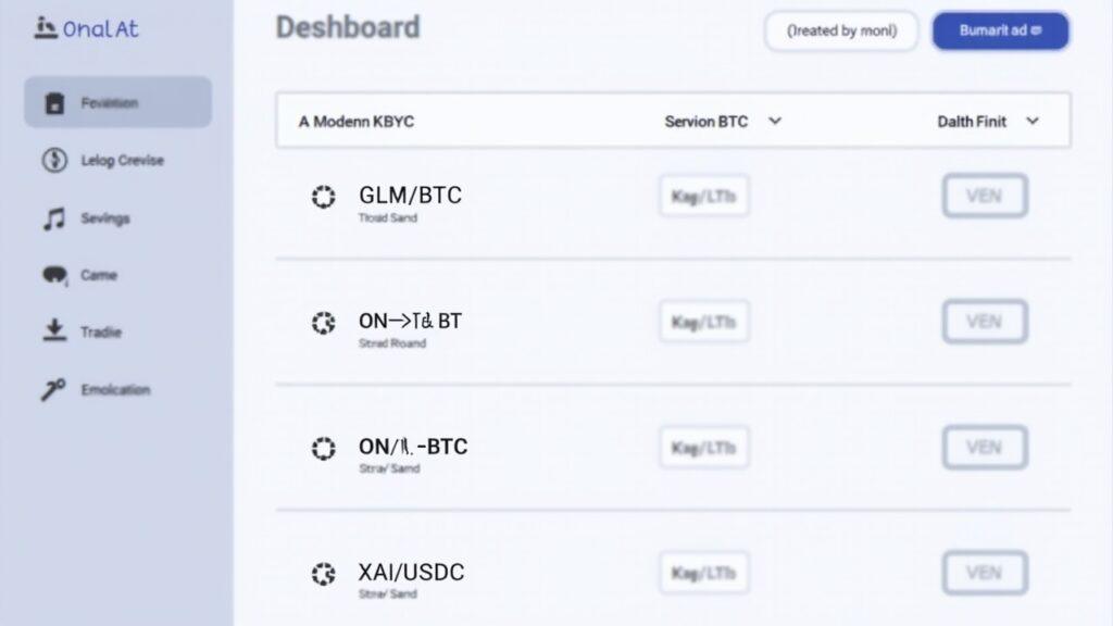 Semi-realistic crypto trading dashboard showing four delisted pairs (GLM/BTC, KNC/BTC, ONT/BTC, XAI/USDC) marked July 17