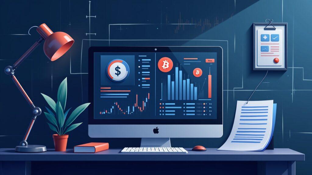 Semi-realistic crypto trading terminal showing forced liquidation indicators, BTC icons, countdown timer, and legal docs.