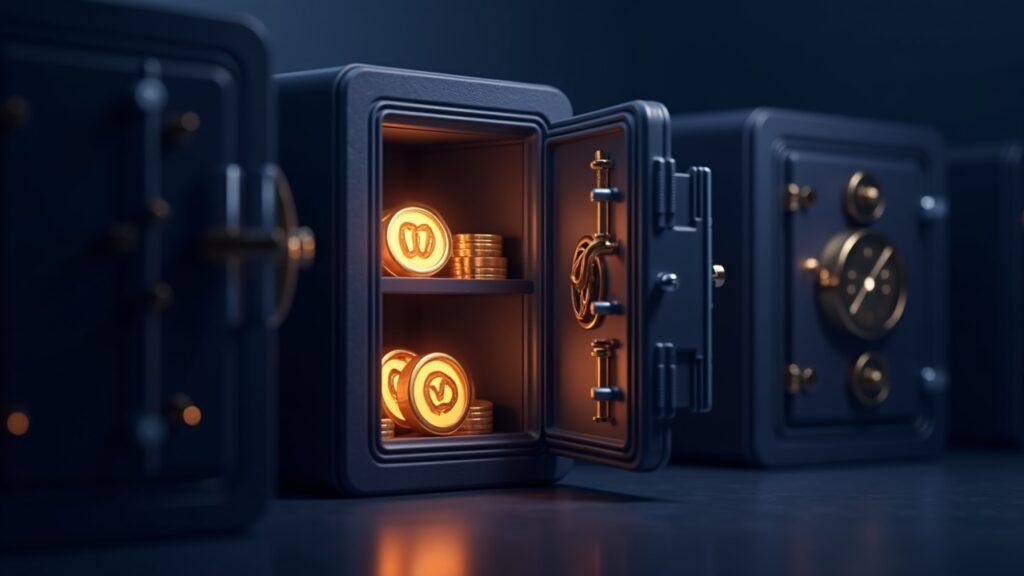 Secure vault with glowing RWA fund-icons and a 3.44B TVL badge, representing top tokenized real-world assets