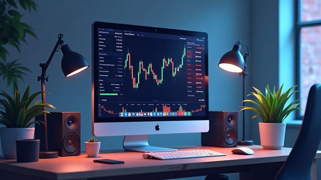Realistic trading desk with a monitor displaying BRKBUSDT, PYPLUSDT and MAUSDT tickers for TradFi perpetuals.