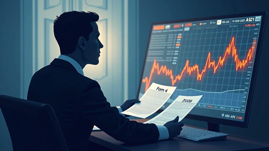 Illustration of an executive silhouette reviewing SEC Form 4s with a 2026 calendar and a stock chart signaling 10b5-1 sales