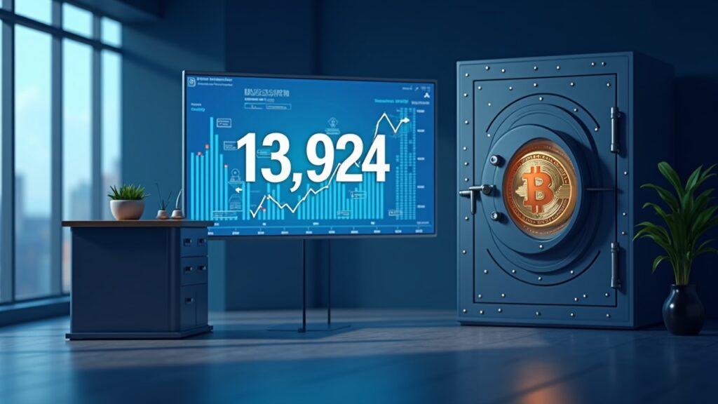 Semi-realistic office scene showing 13,924 BTC and a secure vault, signaling institutional bitcoin custody.