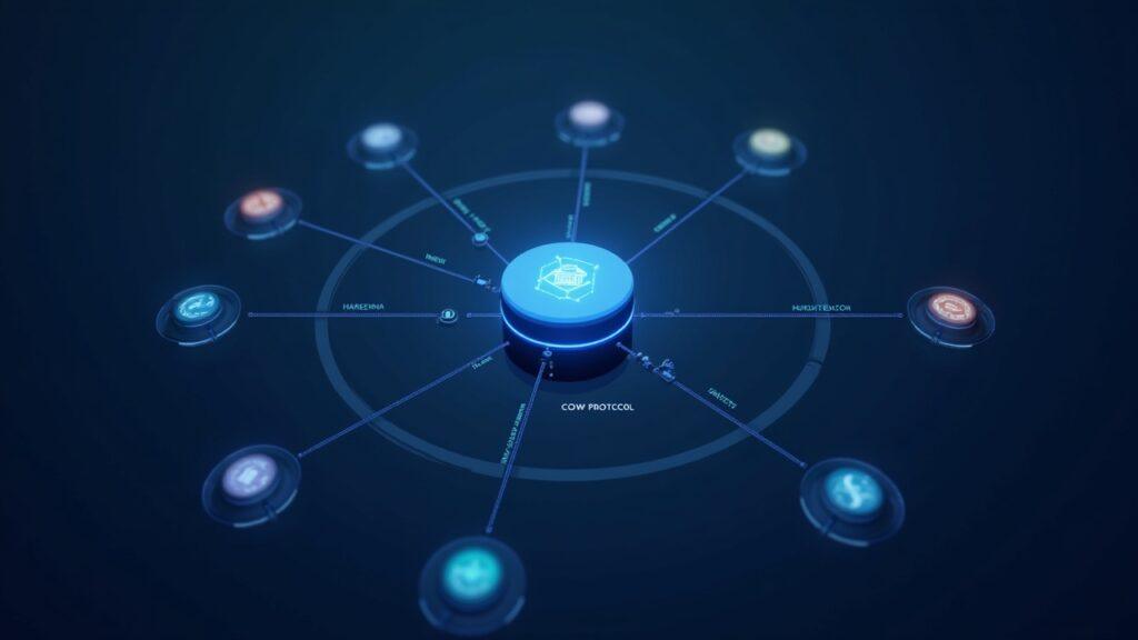 Central routing hub connected to ten blockchain nodes in a multi-chain network, with a 23.5% share label for CoW Protocol.