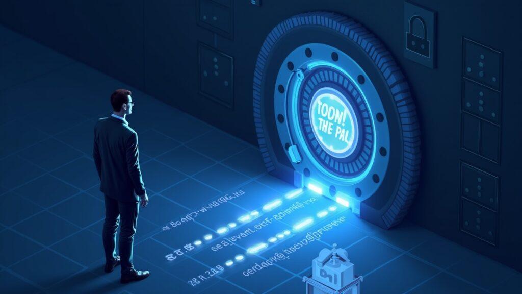 Semi-realistic vault labeled Pro token; shadowy figure bypasses access controls as $8.2M flows to three glow addresses.