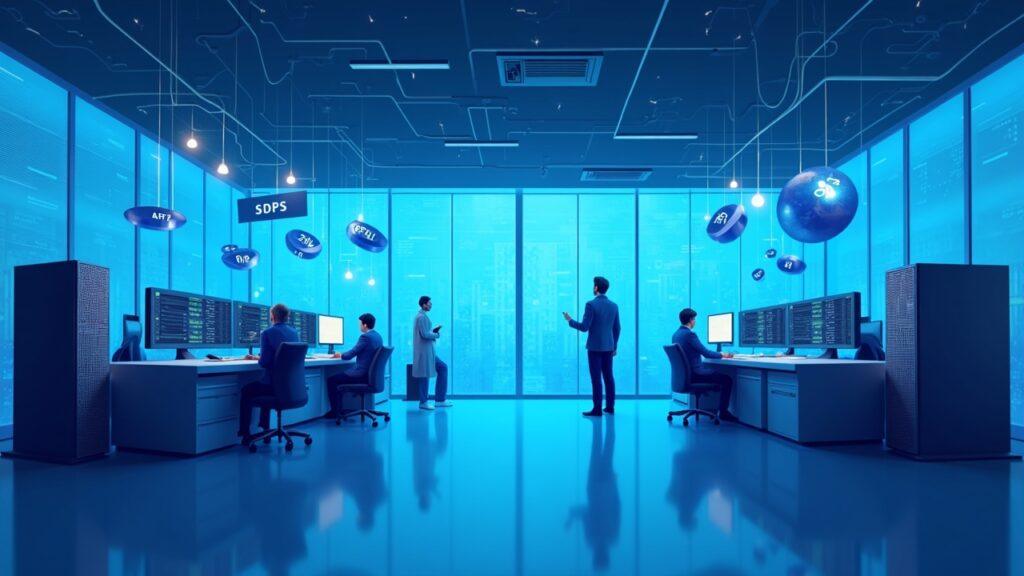 Realistic DTCC lab scene with floating tokenized Treasuries, ETFs, and equities, analysts and servers in a calm data room.