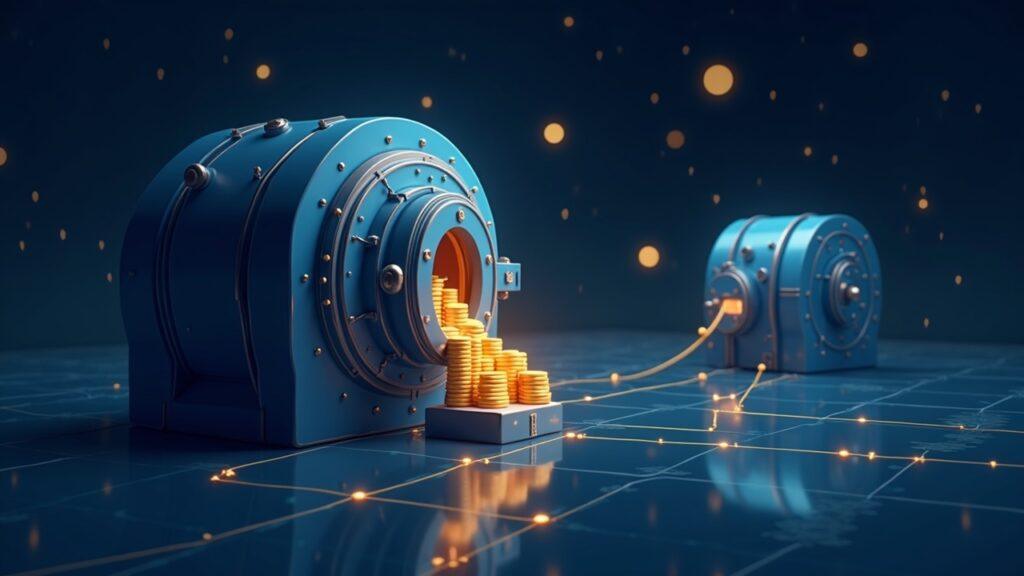Semi-realistic vault illustration showing pending deposit and redemption requests flowing between holders on Ethereum-like network.