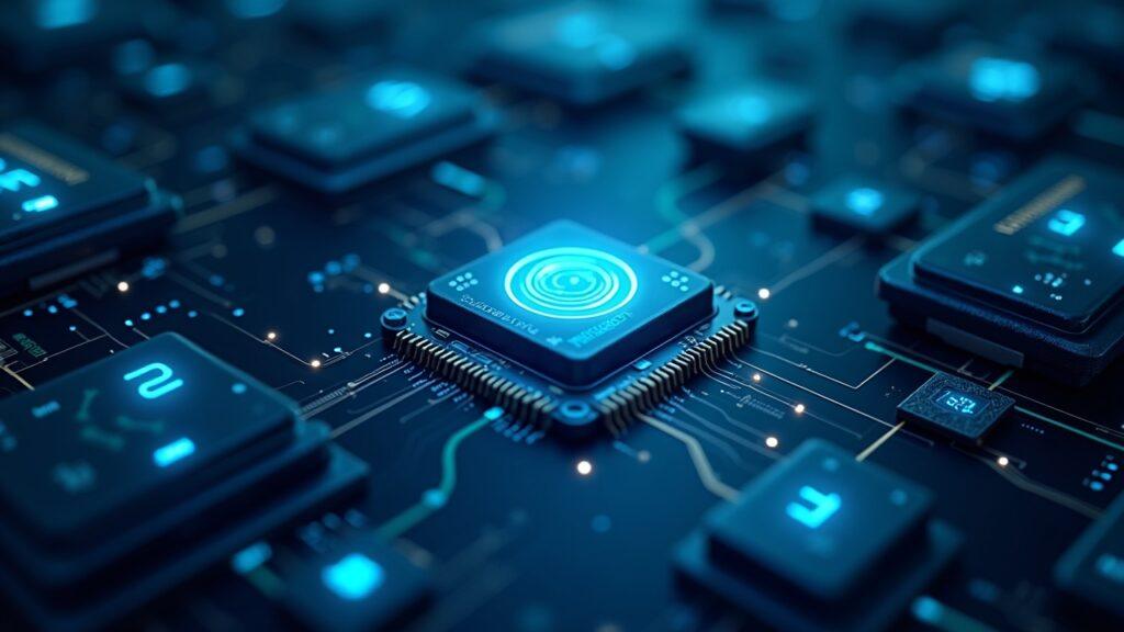 Semi-realistic Engy subnet scene with servers and GPUs linked by glowing crypto tokens and cryptographic proof.