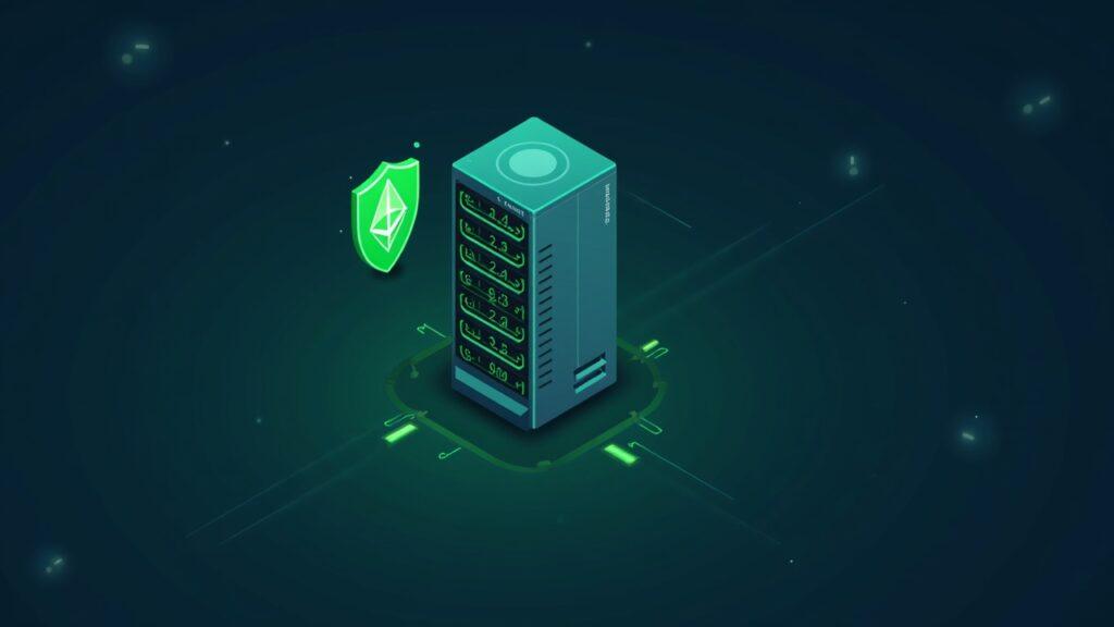 Realistic Erigon node rack with a green v3.5.2 patch badge and shield, illustrating RPC data flow and mainnet stability.