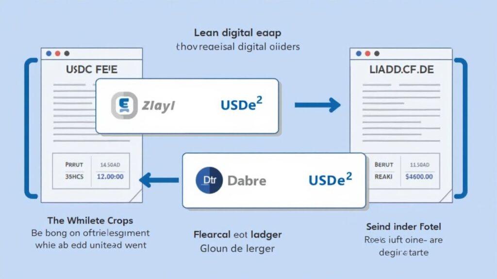 Whitelisted user exchanging USDC for USDe with a zero-bps badge and a clean digital ledger showing on/off-ramp flow.