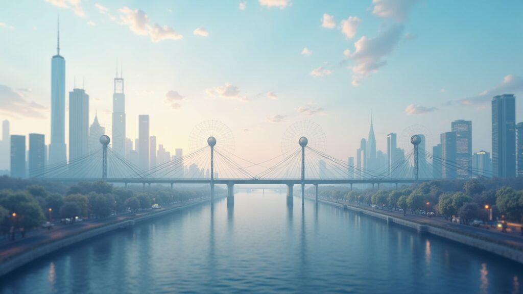Semi-realistic illustration of Ethereum as neutral public infrastructure for governments with interconnected nodes and a calm skyline.