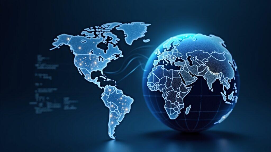 Semi-realistic European regulator chamber with a globe linking non-EU stablecoin logos to Europe.