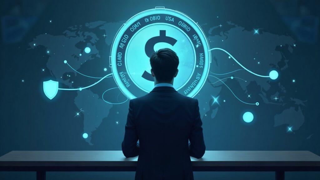 Semi-realistic regulator silhouette over a stablecoin icon with a shield and blockchain lines.
