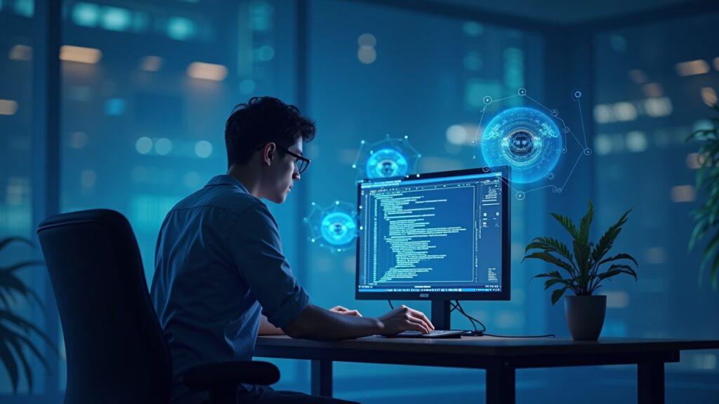Developer at a clean desk reviews code with floating autonomous-agent blueprints and a subtle uAgents logo in a crypto lab.
