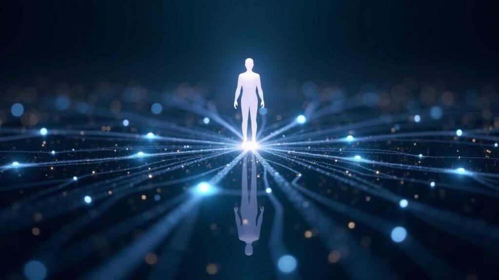 Realistic hybrid illustration of a central AI agent silhouette connected to a glowing node network in a newsroom style.