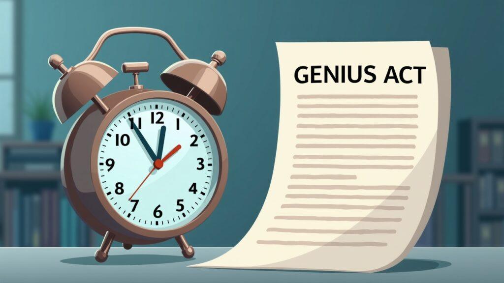 Semi-realistic ticking clock beside a GENIUS Act document in a calm regulatory office, signaling the one-year deadline.