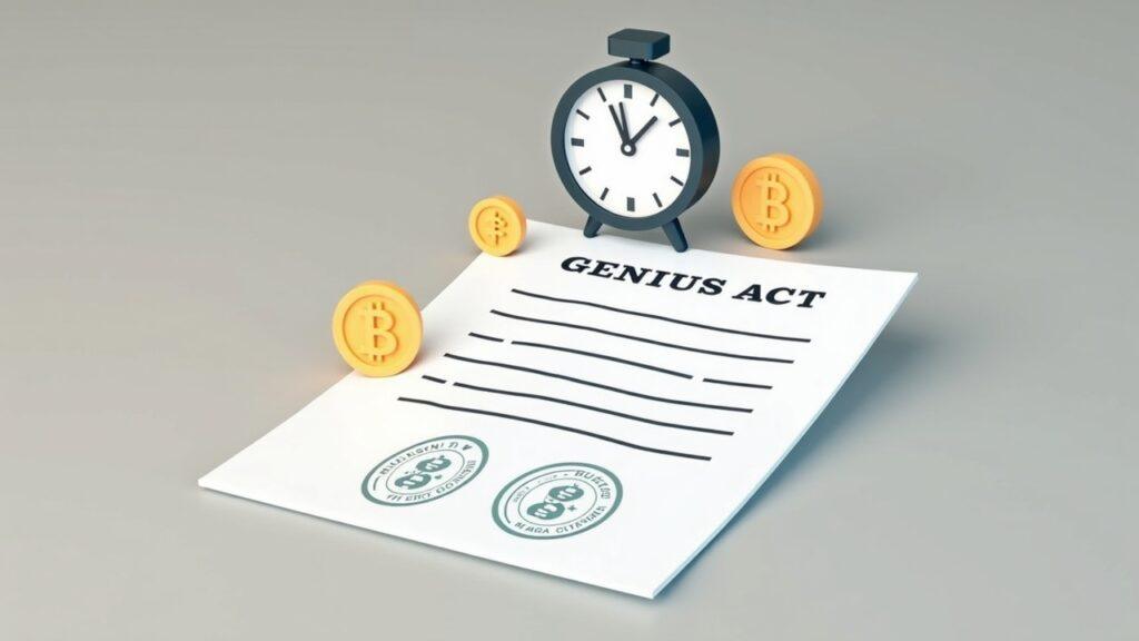 Clock approaching deadline over a legal document about a stablecoin act, with faint coin icons and regulatory seals.