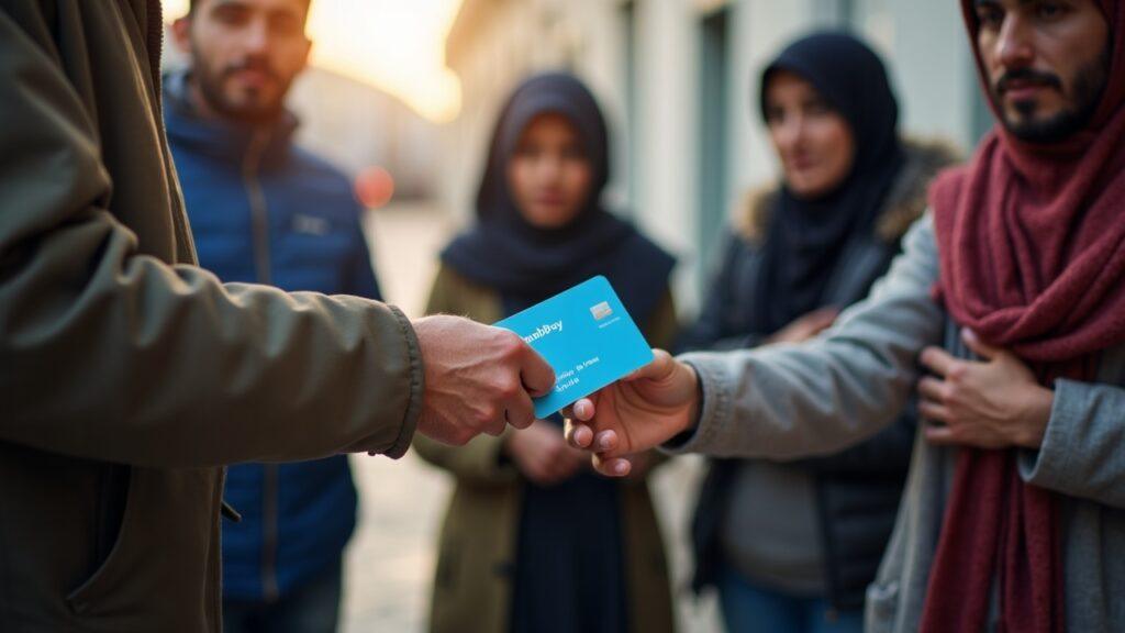 UNHCR staff distribute HesabPay reloadable cards to Afghan refugees in a humanitarian setting with a subtle blockchain motif.