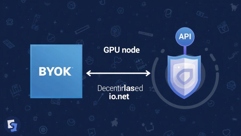 Semi-realistic GPU node linked to an API, with a BYOK shield and a balance icon signaling isolated io.net billing.