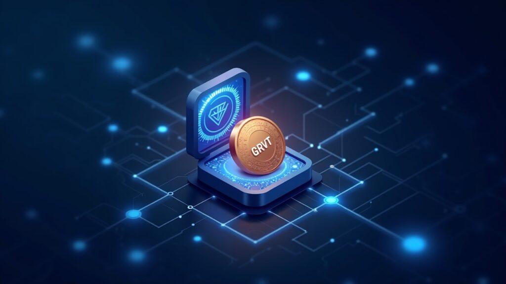 Semi-realistic on-chain vault opens to reveal a glowing GRVT token, linked by blue blockchain lines to abstract market nodes