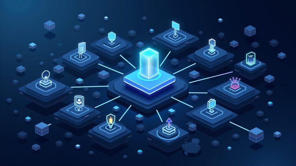 Semi-realistic illustration of Monad mainnet with contract icons converging on a central node, milestone highlighted.