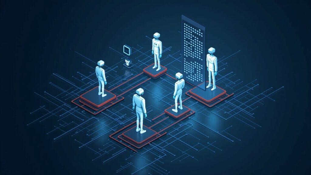 AI agents collaborate inside a secure blockchain, illustrating trusted multi-agent crypto execution.