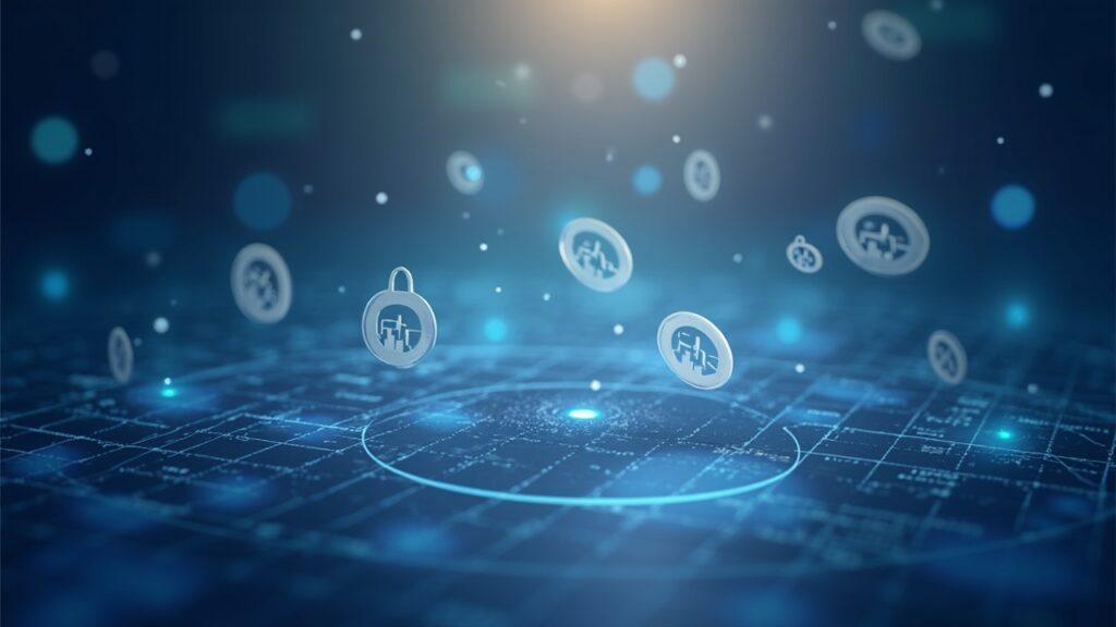 Semi-realistic illustration of Oasis Pro Markets as a broker-dealer hub with floating tokenized equities above a sleek digital ledger.