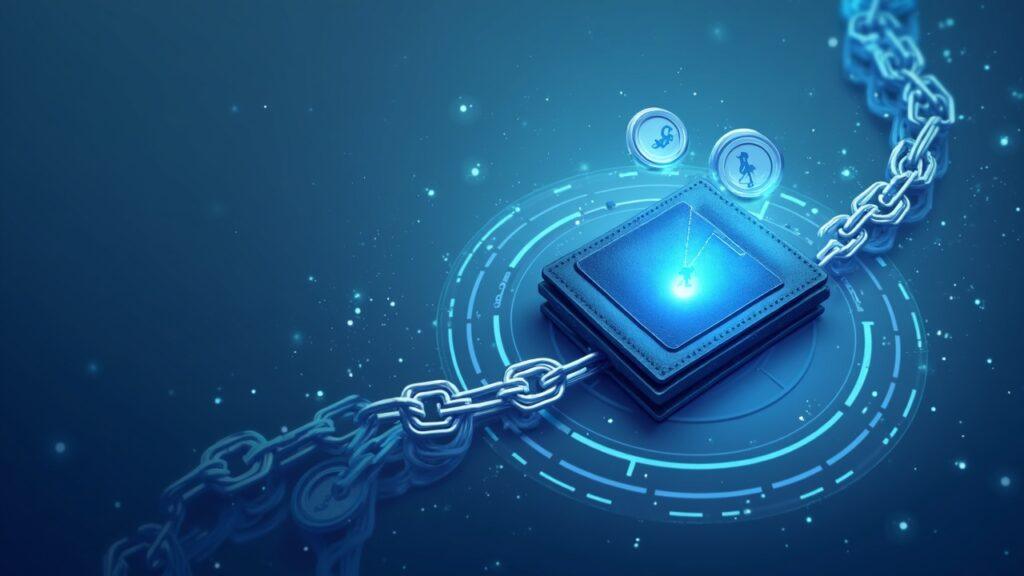 Semi-realistic illustration of an on-chain wallet with tokens flowing into a World Cup match, in blue-gray tones.