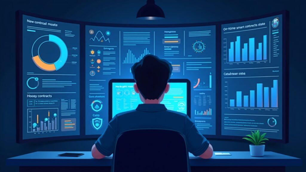 Realistic hybrid illustration of a developer at an instrument panel showing real-time onchain metrics and liquidity flows.