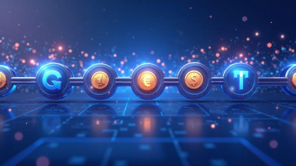 Semi-realistic illustration of a marketplace bridge connecting stock tokens, NFTs, and memecoins on a unified chain.