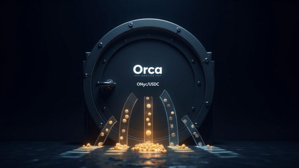 Realistic Orca Vault door labeled ONyc/USDC with glowing streams of RWA tokens: fees, appreciation, emissions, arbitrage.