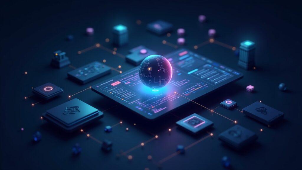 Semi-realistic illustration of OTOY Studio UI with dispersed GPUs, glowing nodes, and a token-like orb for AI workloads