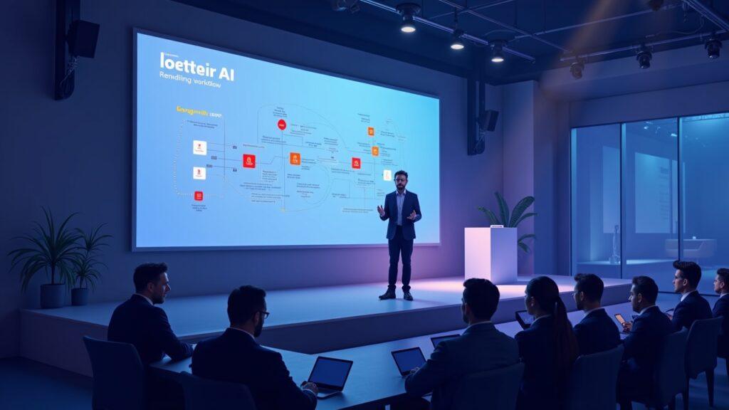 Semi-realistic illustration of a tech founder on stage at SIGGRAPH 2026, presenting Frontier AI beside a screen about rendering workflows.