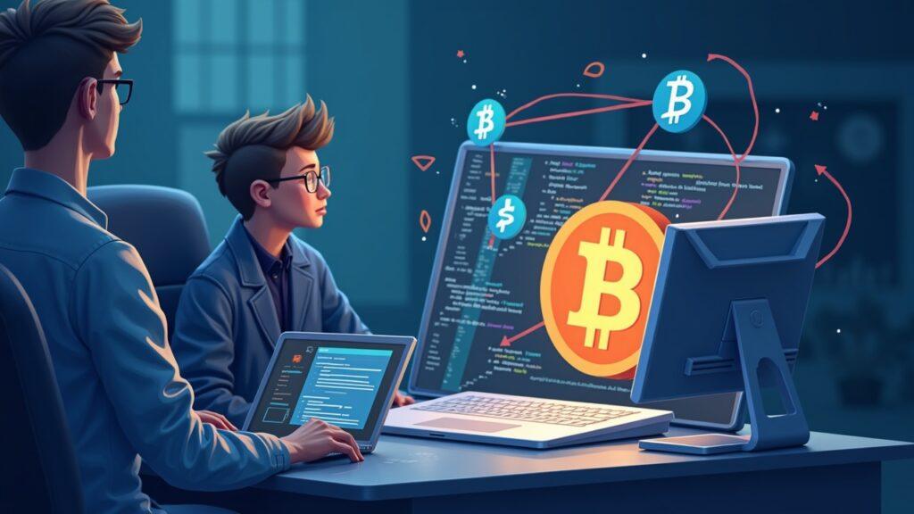 Semi-realistic scene showing Rootstock docs guiding AI coding assistants beside a Bitcoin symbol.