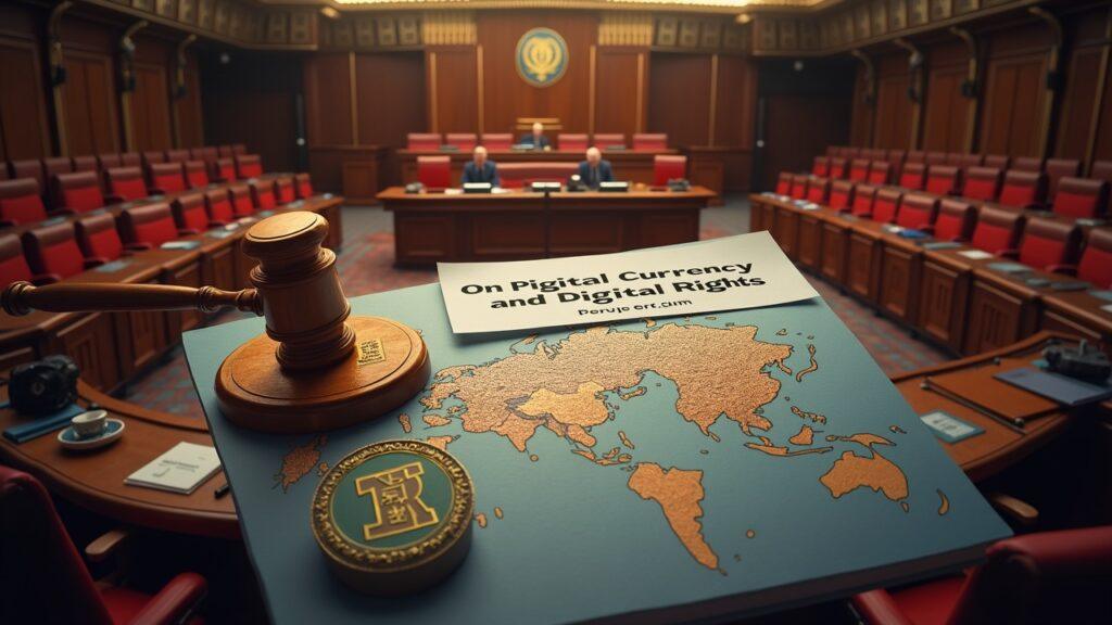 Semi-realistic Duma chamber scene with the 'On Digital Currency and Digital Rights' bill, crypto icons, and a cross-border map.