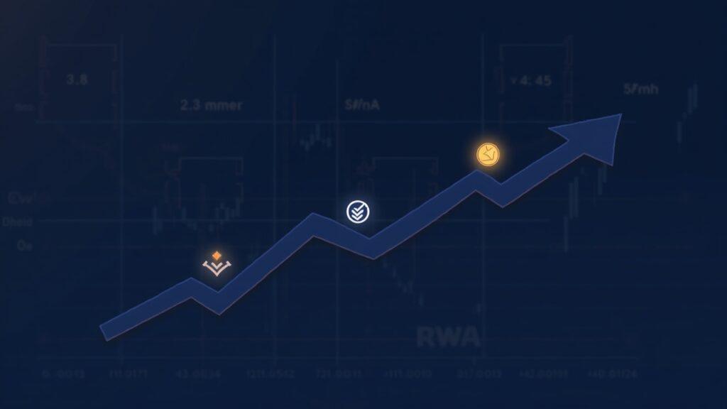 Semi-realistic trading screen highlighting RWA tokens (tokenized funds, commodities) with upward arrow and muted DEX grid.