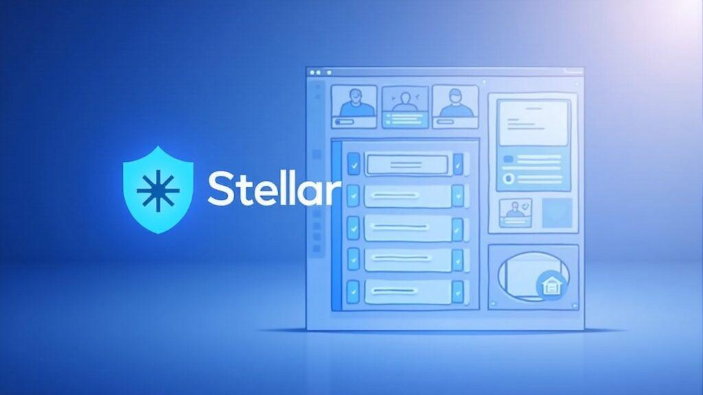 Stellar logo beside a secure DeFi dashboard with checklists, code review, and a vault icon.