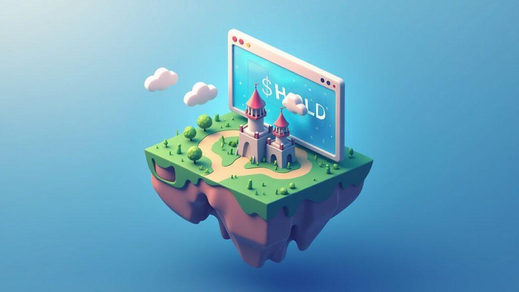 Floating island with a browser window displaying a 3D tower-defense map, towers, and a subtle $HOLD glow.