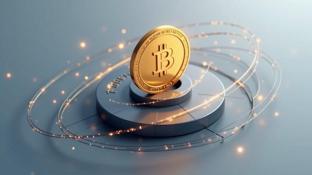Semi-realistic illustration of a large USDT coin labeled USDT orbiting a sleek TRON network hub on a neutral background.