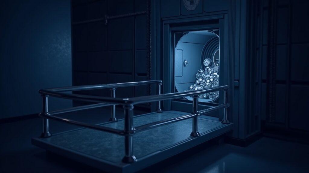 Semi-realistic depiction of tokenized IVV ETF and Micron shares on Ethereum, inside US custody rails with a secure vault.