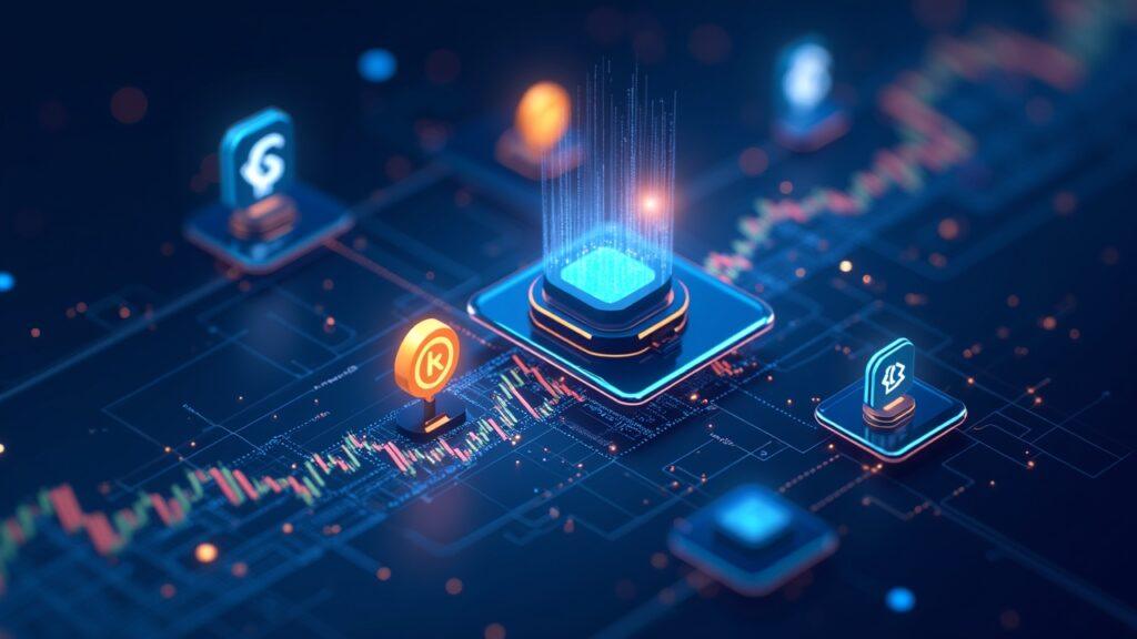 Semi-realistic illustration of tokenized equities on a blockchain with wallets and a clean trading UI, 200k holders.