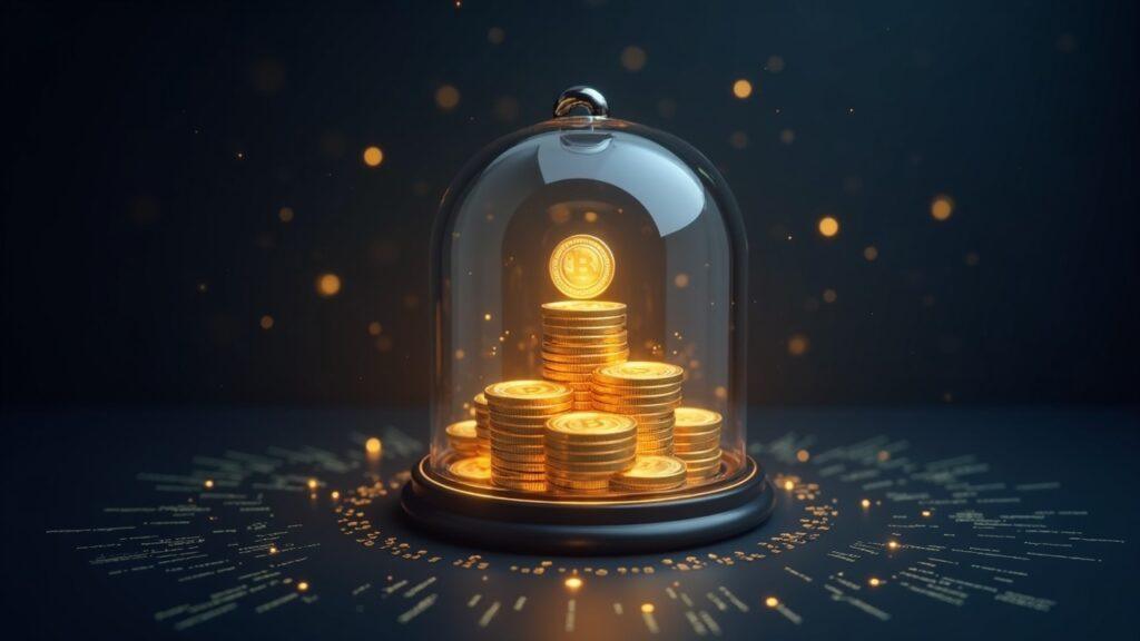 Semi-realistic illustration of glowing golden treasury bonds inside a glass vault, connected by a multi-chain network on a digital ledger.