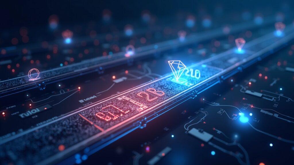 Semi-realistic TRON settlement network: glowing ledger, flowing rails, and floating 91B, 20B, and 2.2M figures.