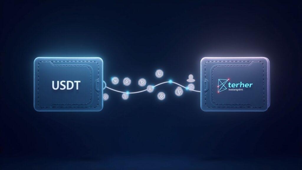 Illustration of Bitfinex and Tether Treasury wallets transferring USDT on the Tron network with soft lighting.