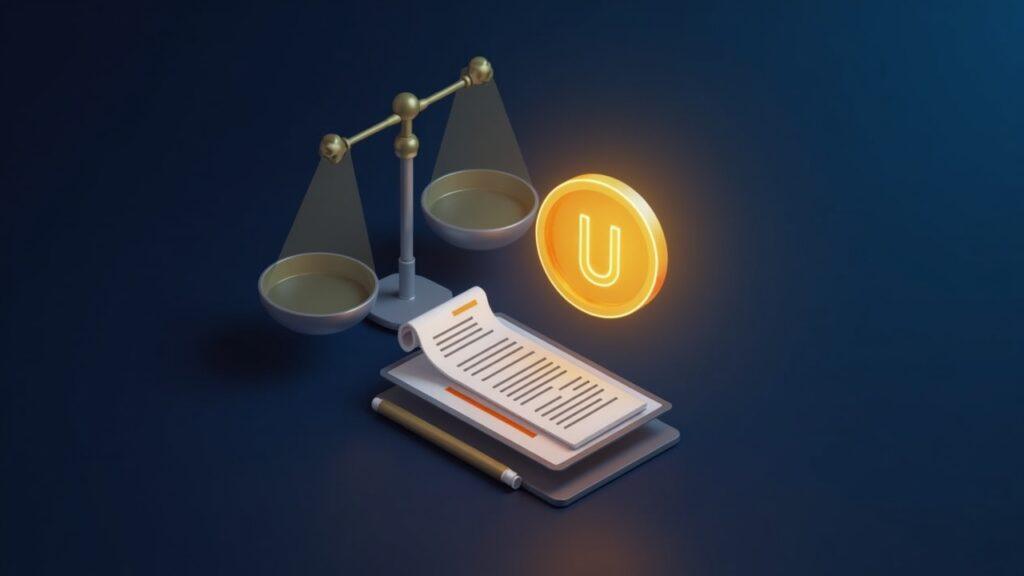 Glowing U token above a crypto exchange UI with a legal document and scales, symbolizing New Hampshire blockchain laws.