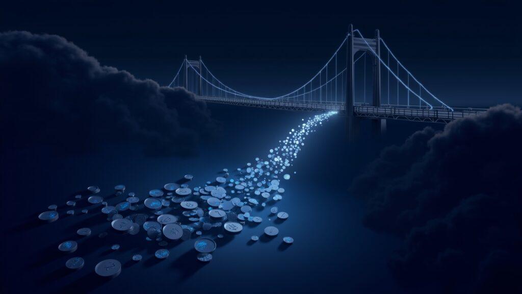 Semi-realistic cross-chain bridge illustration with tokens draining into a dark network, overlaid by soft AI circuitry.