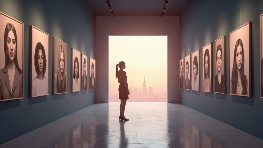 Semi-realistic digital gallery featuring a World of Women NFT avatar highlighted in a flagship OpenSea display.