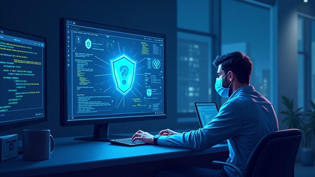 Illustration of a coder configuring on-chain AI agents within a secure runtime for AnubisChain, in a modern newsroom style.